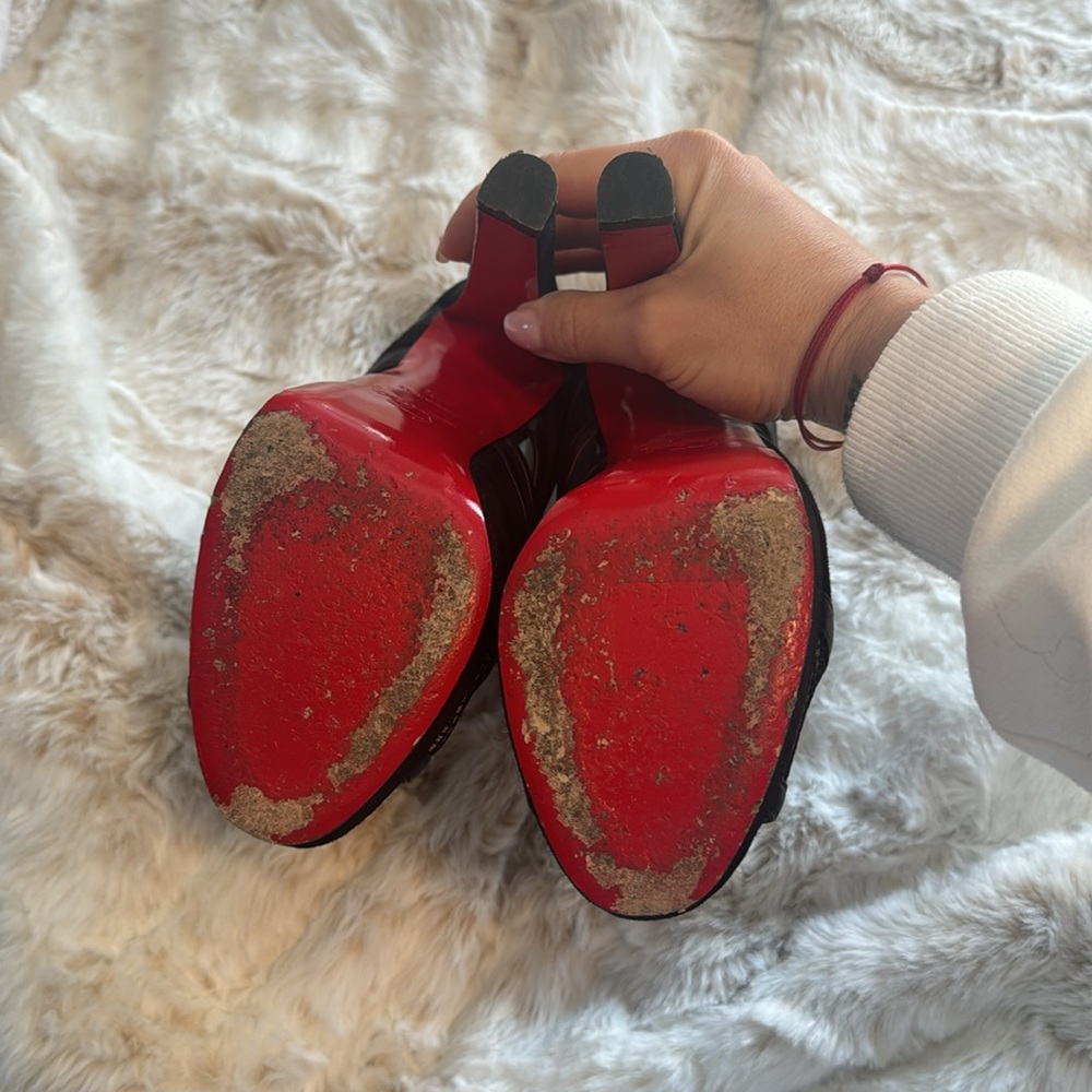 Christian Louboutin Commandanta Suede/Mesh Peep-Toe Red Sole Black Booties - Picture 9 of 11